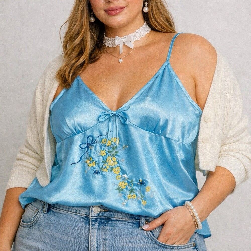 Y2K Coquette Satin Babydoll Cami Top Size 2X Blue Floral Embroidered Chiffon Hem
